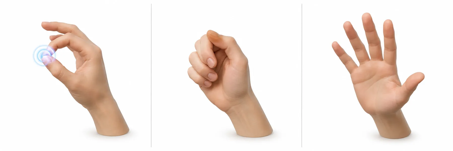 Gestos de seguimiento de manos (pellizco = confirmar / agarre suave = agarrar / extender la mano = tocar)